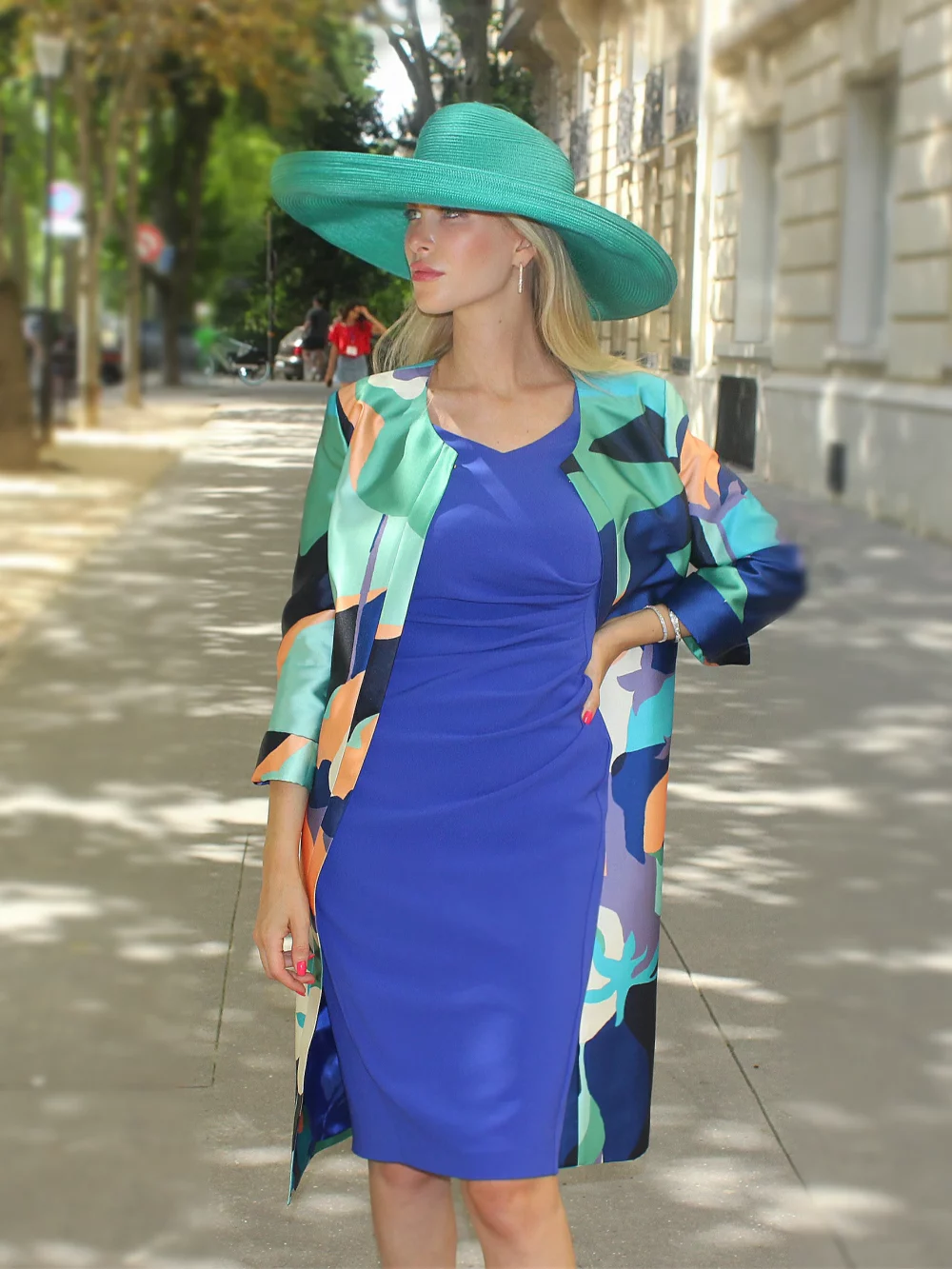 E23-Robe MARINE fez 445 bleu majorelle et manteau MONTANA KHAN 445 bleu majorelle taille 38 + capeline ASCOT verte03