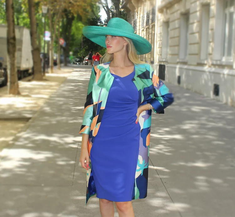 E23-Robe MARINE fez 445 bleu majorelle et manteau MONTANA KHAN 445 bleu majorelle taille 38 + capeline ASCOT verte03